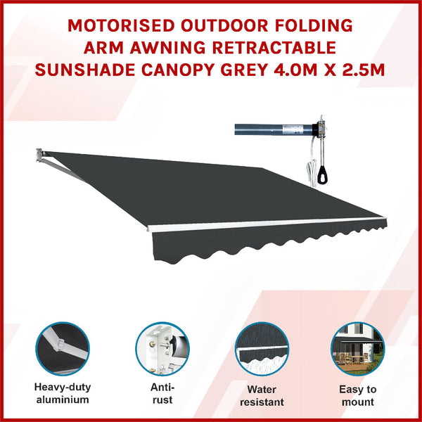 Motorised Outdoor Folding Arm Awning Retractable Sunshade Canopy Grey 4.0M X 2.5M Awning & Canopy Parts