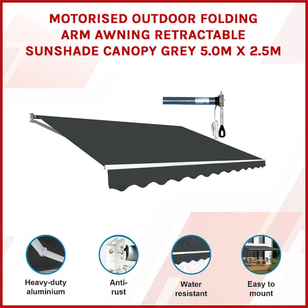 Motorised Outdoor Folding Arm Awning Retractable Sunshade Canopy Grey 5.0M X 2.5M Awning & Canopy Parts