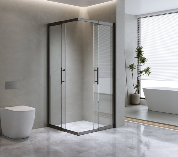 1100X1000mm Double Sliding Door Glass Shower Screen In Black Shower Enclosures