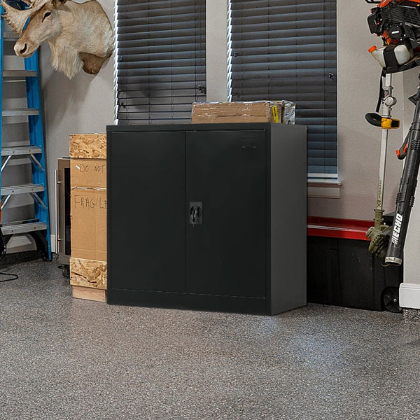 Two Door Metal Short Cabinet Shelf Storage Black Cabinets & Cupboards