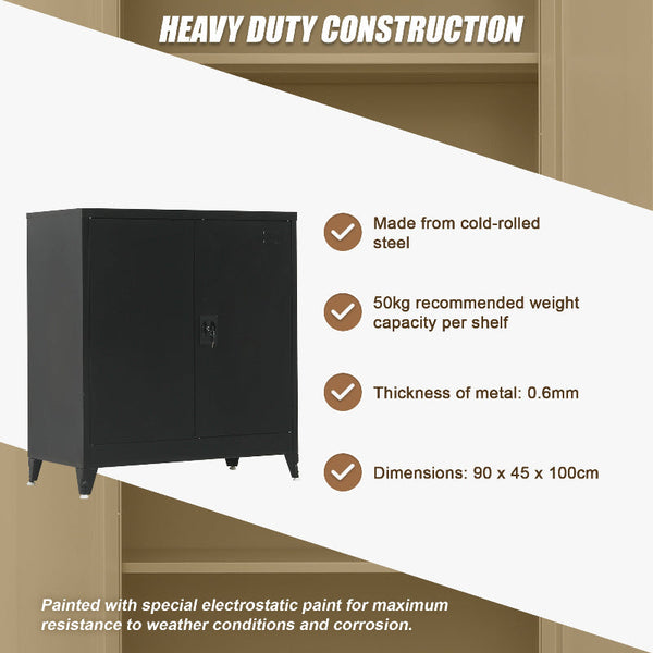 Two Door Metal Short Cabinet Shelf Storage Black With Legs Cabinets & Cupboards