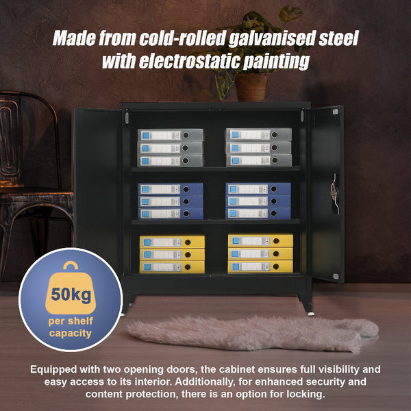 Two Door Metal Short Cabinet Shelf Storage Black With Legs Cabinets & Cupboards