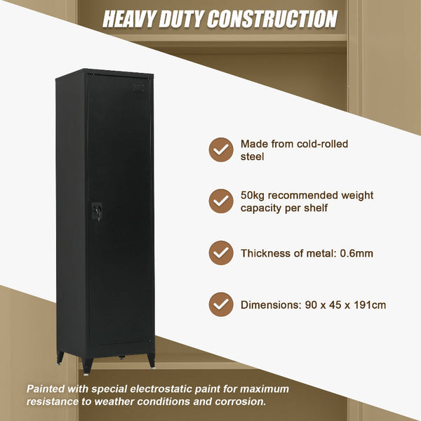 Single Door Metal Tall Cabinet Shelf Storage Home Office Gym Black Cabinets & Cupboards