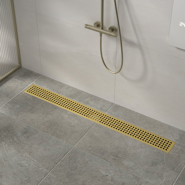 1200Mm Bathroom Shower Brushed Brass Grate Drain W/ Centre Outlet Floor Waste Square Pattern Drain Grates
