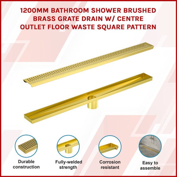 1200Mm Bathroom Shower Brushed Brass Grate Drain W/ Centre Outlet Floor Waste Square Pattern Drain Grates