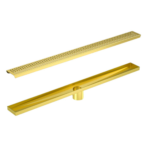 1200Mm Bathroom Shower Brushed Brass Grate Drain W/ Centre Outlet Floor Waste Square Pattern Drain Grates