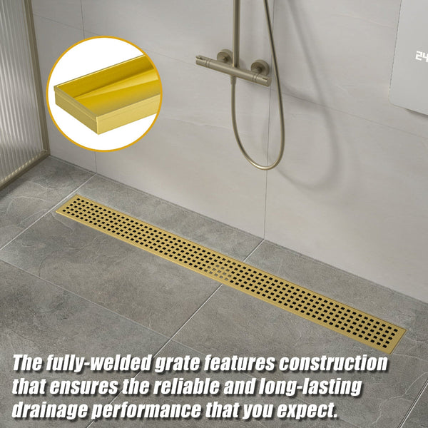1200Mm Bathroom Shower Brushed Brass Grate Drain W/ Centre Outlet Floor Waste Square Pattern Drain Grates