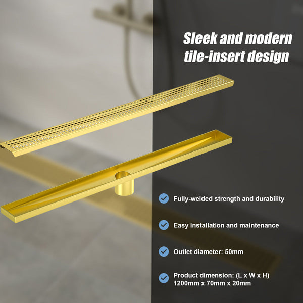 1200Mm Bathroom Shower Brushed Brass Grate Drain W/ Centre Outlet Floor Waste Square Pattern Drain Grates