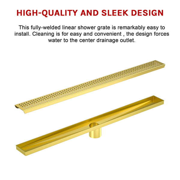1200Mm Bathroom Shower Brushed Brass Grate Drain W/ Centre Outlet Floor Waste Square Pattern Drain Grates