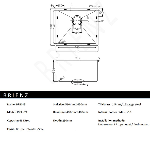 Stainless Steel Sink 510 X 450Mm Kitchen Sinks