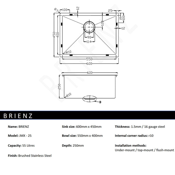 Stainless Steel Sink 600 X 450Mm Kitchen Sinks