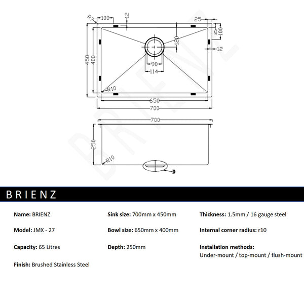 Stainless Steel Sink 700 X 450Mm Kitchen Sinks