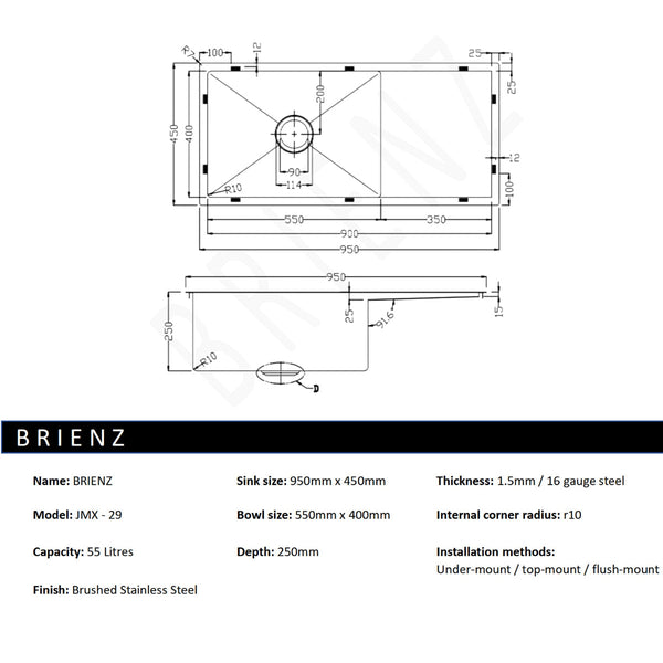Stainless Steel Sink 950 X 450Mm Kitchen Sinks
