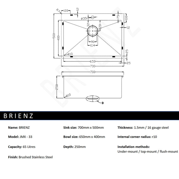 Stainless Steel Sink 700 X 500Mm Kitchen Sinks