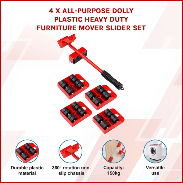 4 X All Purpose Dolly Plastic Heavy Duty Furniture Mover Slider Set Workshop Dollies
