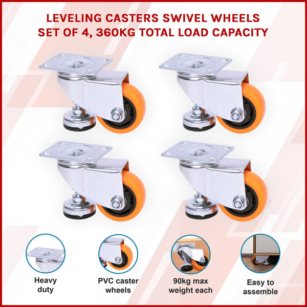 Leveling Casters Swivel Wheels Set Of 4 360 Kg Total Load Capacity Castor Wheels