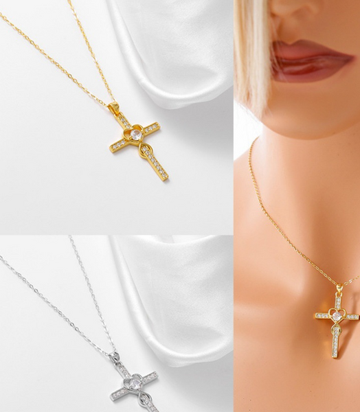 Creative 925 Sterling Silver Heart Shaped Cross Necklace With Fashionable Simple And Versatile Accessories Necklaces & Pendants