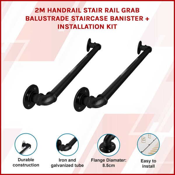 2M Handrail Stair Rail Grab Balustrade Staircase Banister + Installation Kit Staircase Kits