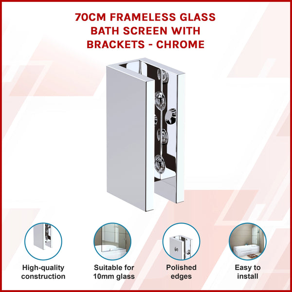 70Cm Frameless Glass Bath Screen With Brackets Chrome Shower Enclosures