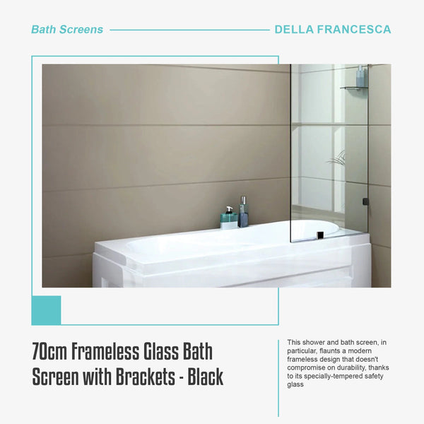 70Cm Frameless Glass Bath Screen With Brackets Black Shower Doors