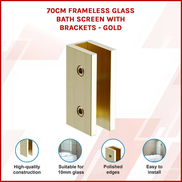 70Cm Frameless Glass Bath Screen With Brackets Gold Shower Enclosures