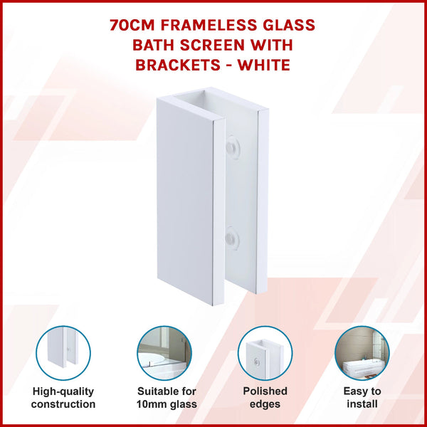 70Cm Frameless Glass Bath Screen With Brackets White Shower Doors