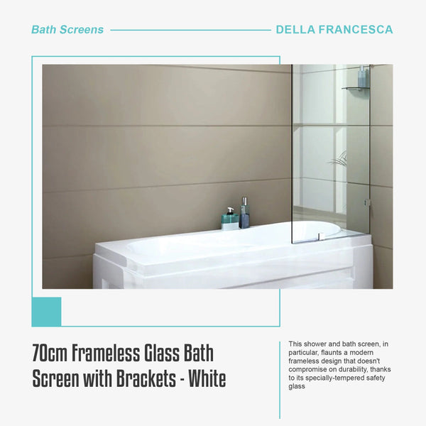70Cm Frameless Glass Bath Screen With Brackets White Shower Doors