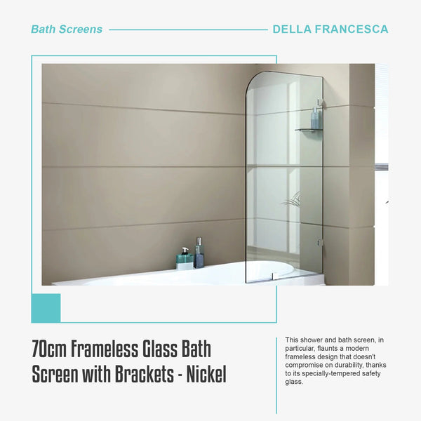 70Cm Frameless Glass Bath Screen With Brackets Nickel Shower Enclosures