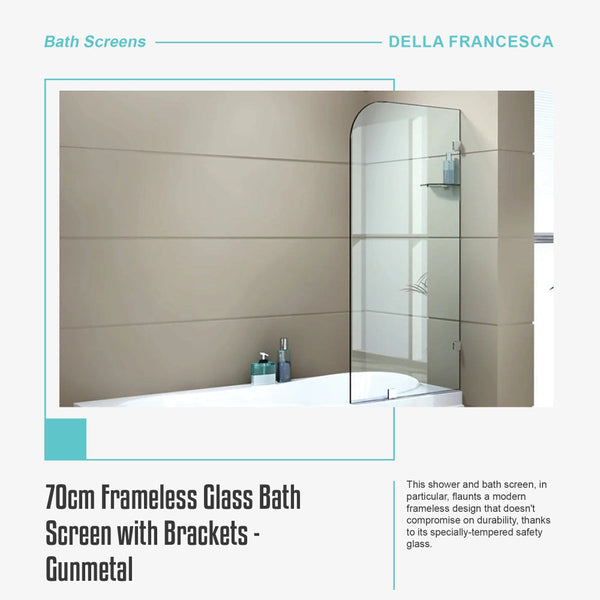 70Cm Frameless Glass Bath Screen With Brackets Gunmetal Shower Doors