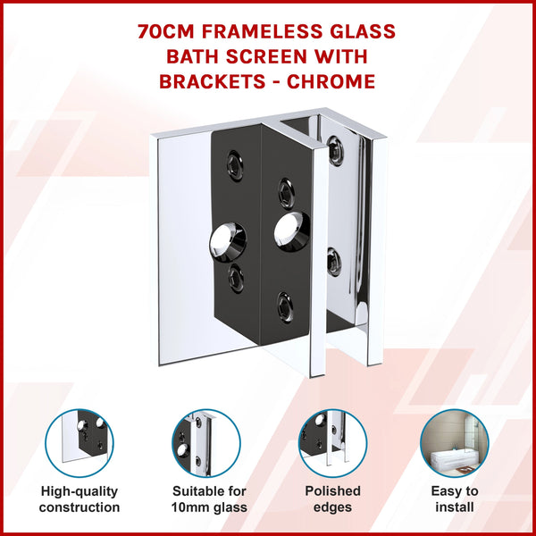 70Cm Frameless Glass Bath Screen With Brackets Chrome Shower Enclosures