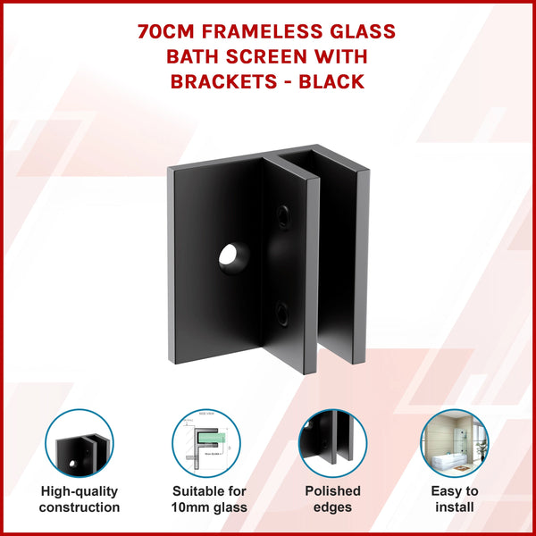 70Cm Frameless Glass Bath Screen With Brackets Black Shower Enclosures