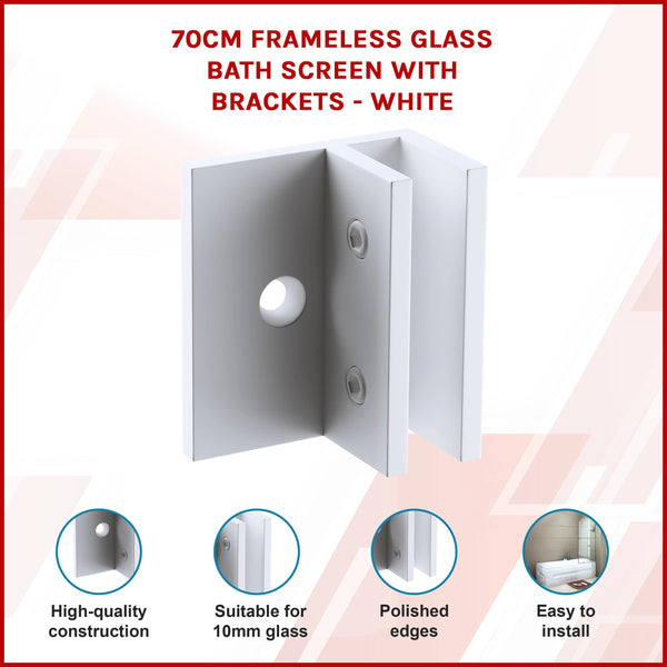 70Cm Frameless Glass Bath Screen With Brackets White Shower Enclosures
