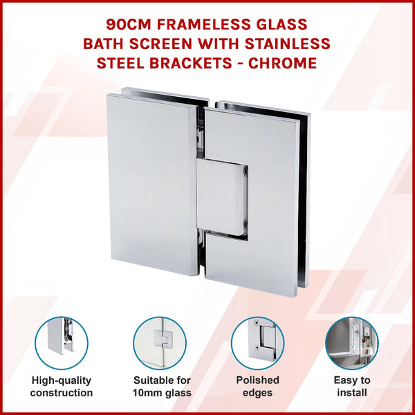 90Cm Frameless Glass Bath Screen With Stainless Steel Brackets Chrome Shower Doors
