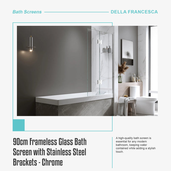 90Cm Frameless Glass Bath Screen With Stainless Steel Brackets Chrome Shower Doors