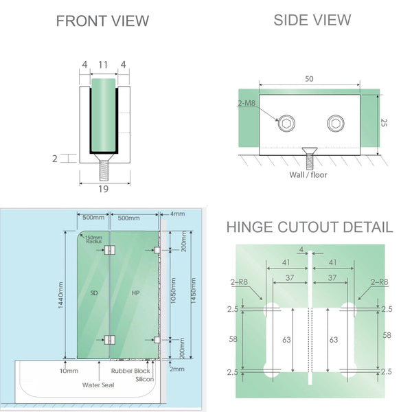 100Cm Frameless Glass Bath Screen With Stainless Steel Brackets Chrome Shower Doors