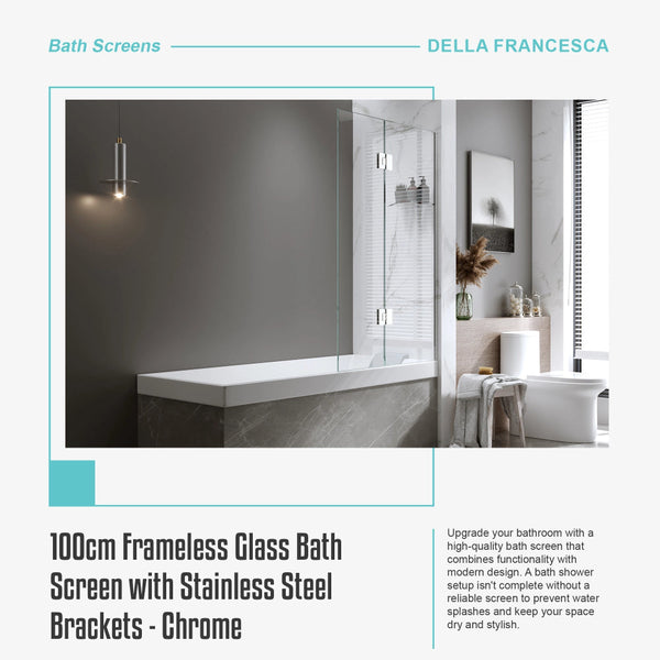 100Cm Frameless Glass Bath Screen With Stainless Steel Brackets Chrome Shower Doors
