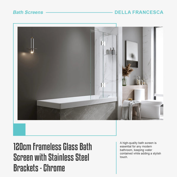 120Cm Frameless Glass Bath Screen With Stainless Steel Brackets Chrome Shower Enclosures