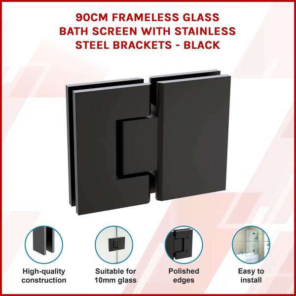 90Cm Frameless Glass Bath Screen With Stainless Steel Brackets Black Shower Enclosures