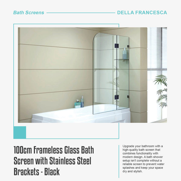100Cm Frameless Glass Bath Screen With Stainless Steel Brackets Black Shower Enclosures