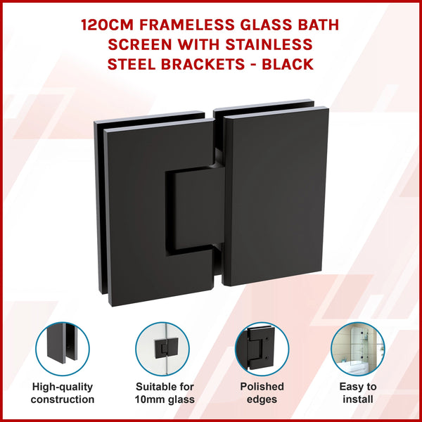 120Cm Frameless Glass Bath Screen With Stainless Steel Brackets Black Shower Enclosures