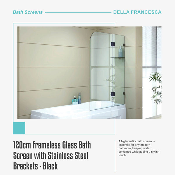 120Cm Frameless Glass Bath Screen With Stainless Steel Brackets Black Shower Enclosures