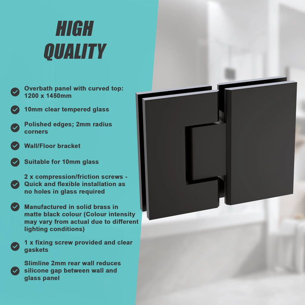 120Cm Frameless Glass Bath Screen With Stainless Steel Brackets Black Shower Enclosures