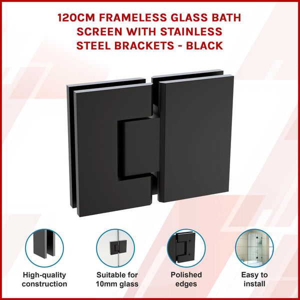 120Cm Frameless Glass Bath Screen With Stainless Steel Brackets Black Shower Enclosures