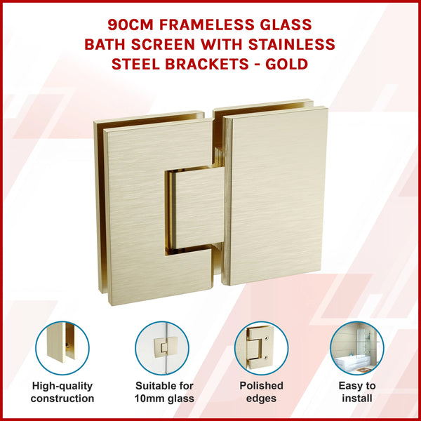 90Cm Frameless Glass Bath Screen With Stainless Steel Brackets Gold Shower Enclosures