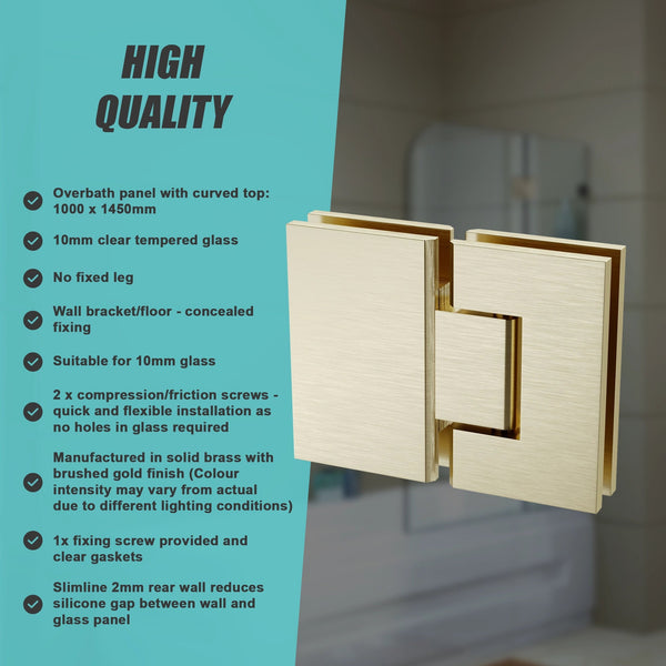 100Cm Frameless Glass Bath Screen With Stainless Steel Brackets Gold Shower Enclosures