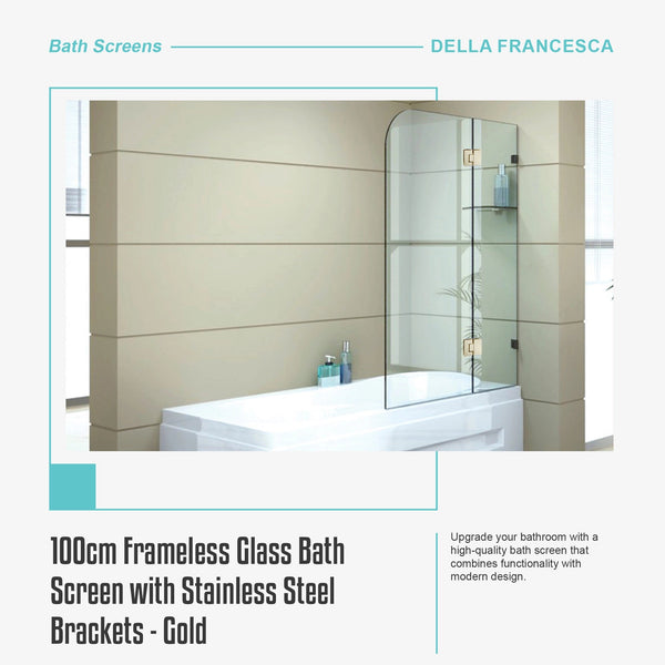 100Cm Frameless Glass Bath Screen With Stainless Steel Brackets Gold Shower Enclosures