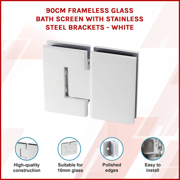90Cm Frameless Glass Bath Screen With Stainless Steel Brackets White Shower Enclosures