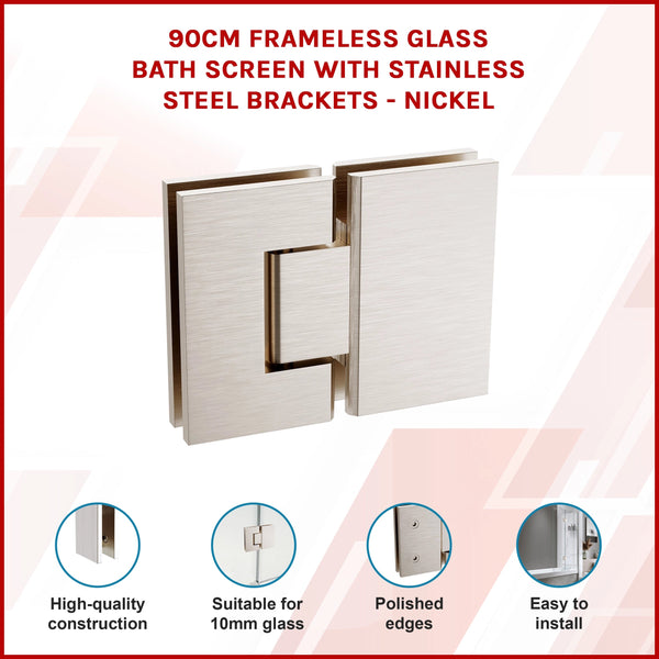 90Cm Frameless Glass Bath Screen With Stainless Steel Brackets Nickel Shower Enclosures