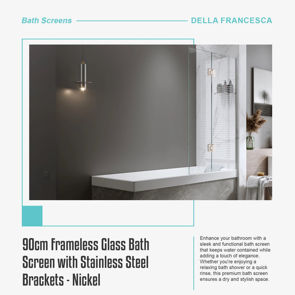 90Cm Frameless Glass Bath Screen With Stainless Steel Brackets Nickel Shower Enclosures