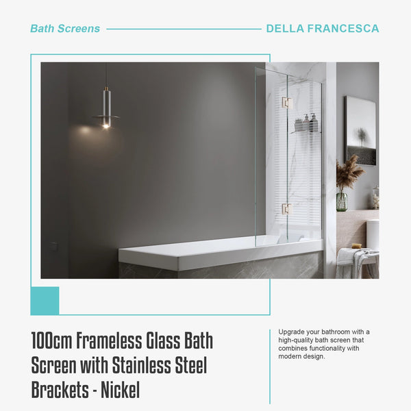 100Cm Frameless Glass Bath Screen With Stainless Steel Brackets Nickel Shower Enclosures